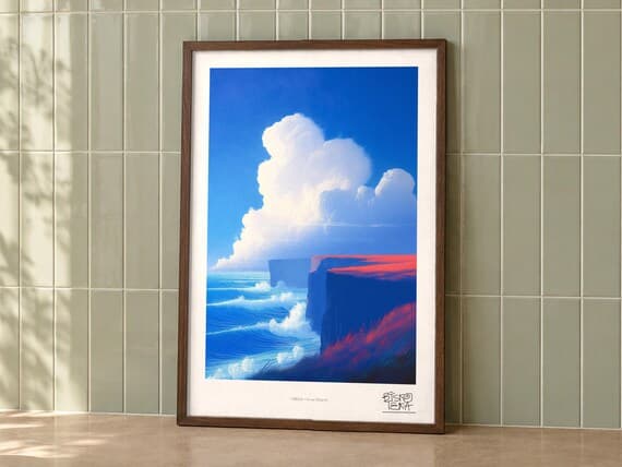 Cliffside Ocean Majesty art print on a wall, room view