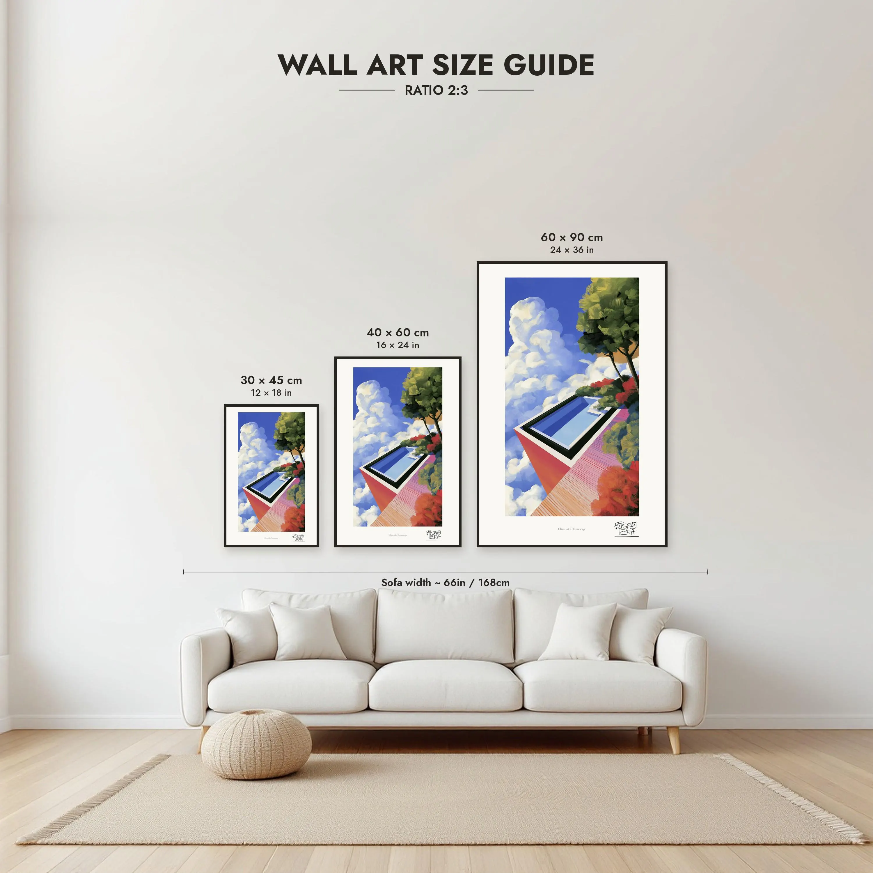 Size guide: 30×45, 40×60 and 60×90 cm to scale above a sofa