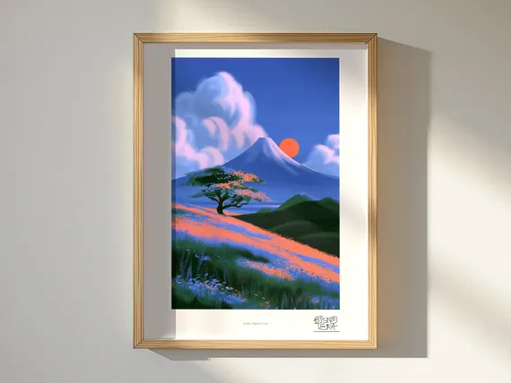 Sunlit Alpine Scene framed art print, shown hanging in a styled room