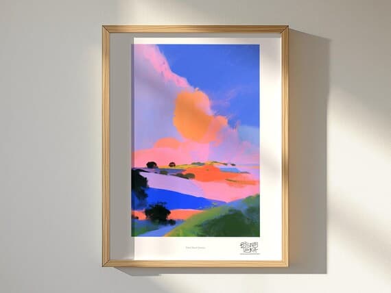 Pastel Rural Journey framed art print, shown hanging in a styled room