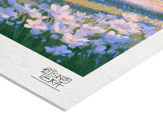Close-up of the printed signature on the fine-art giclée paper of the Pine Over Volcanic Meadow print