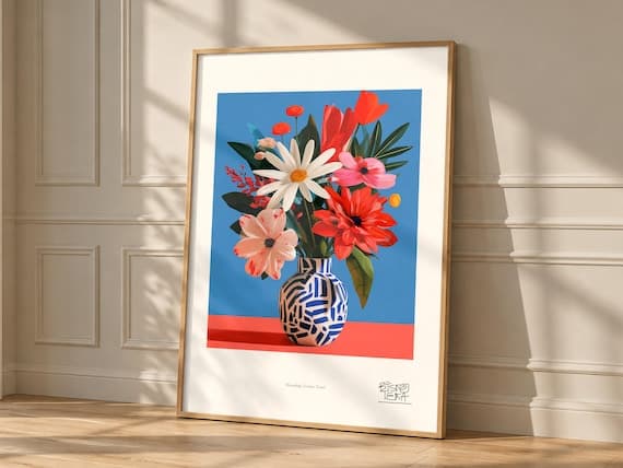 Blooming Ceramic Vessel art print, framed, shown in a styled room