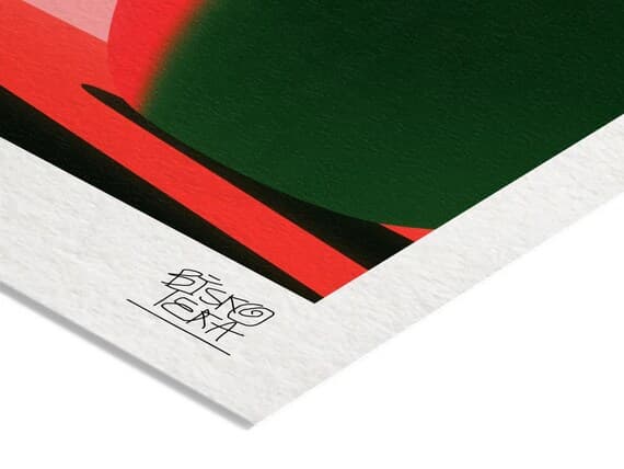 Close-up of the printed signature on the fine-art giclée paper of the Apple Room Surreal print