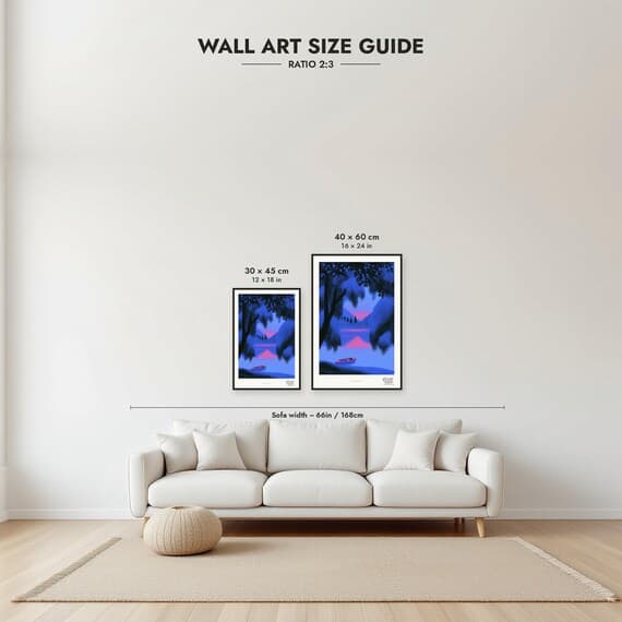 Framed size guide: 30x45 and 40x60 cm to scale above a sofa