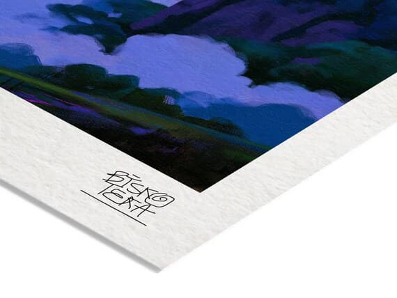Close-up of the printed signature on the fine-art giclée paper of the Floating Stone Forest print