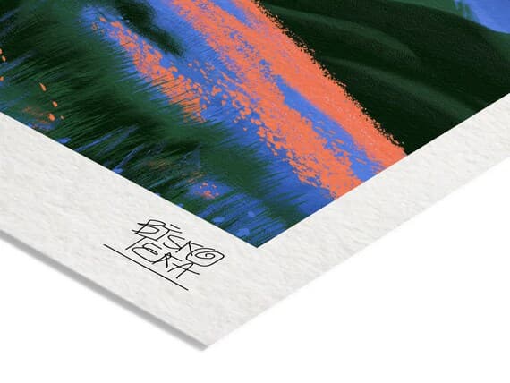 Close-up of the printed signature on the fine-art giclée paper of the Sunlit Alpine Scene print