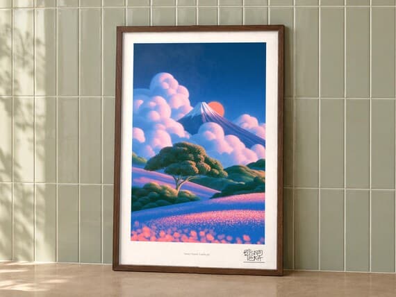 Snowy Sunrise Landscape art print on a wall, room view