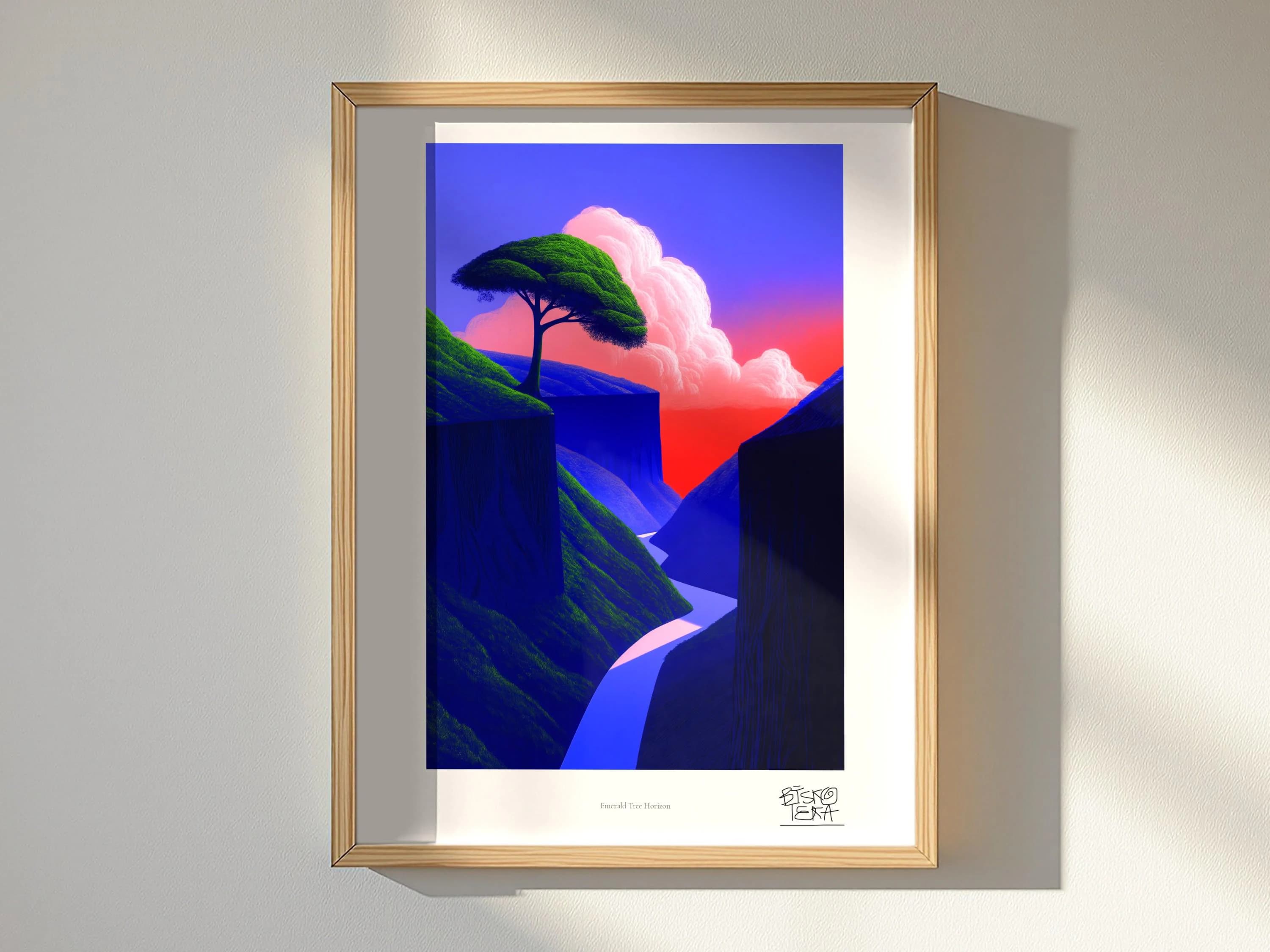 Emerald Tree Horizon framed art print, shown hanging in a styled room