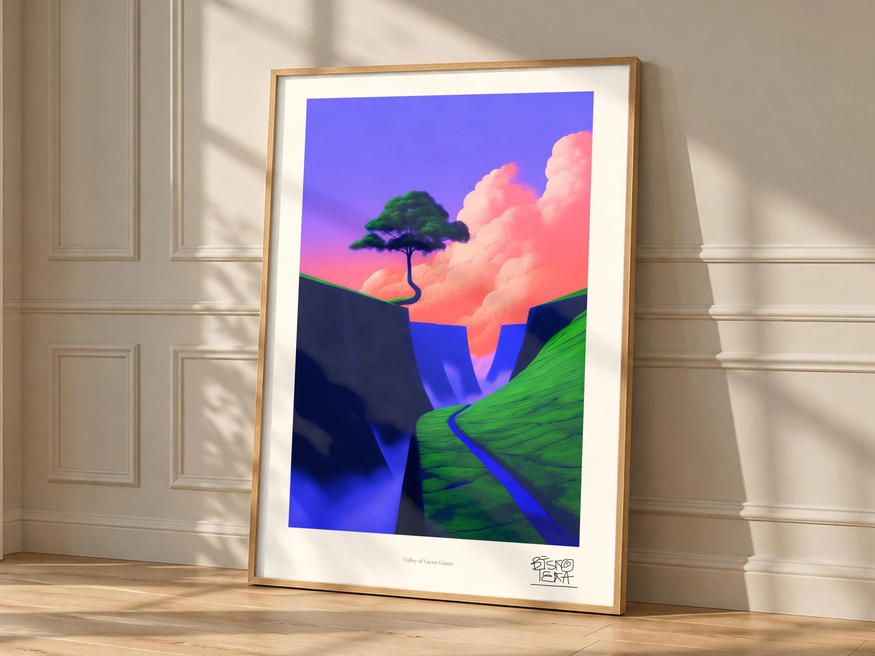 Valley of Green Giants framed art print, shown hanging in a styled room
