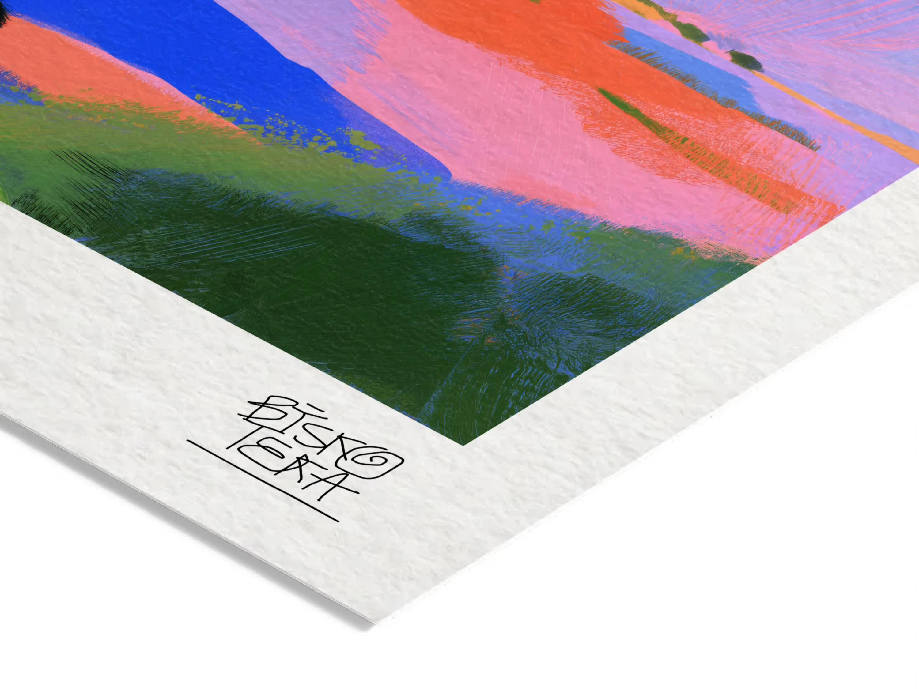 Close-up of the printed signature on the fine-art giclée paper of the Pastel Rural Journey print