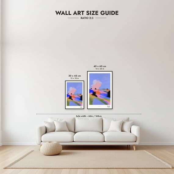 Framed size guide: 30x45 and 40x60 cm to scale above a sofa