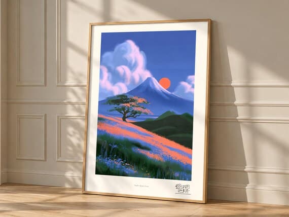 Sunlit Alpine Scene art print, framed, in a second room setting