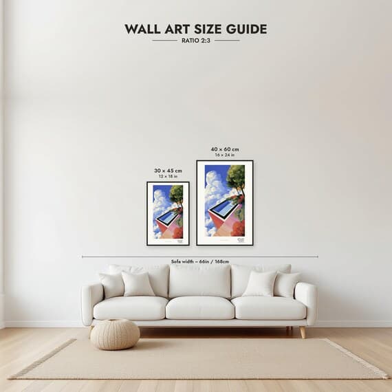 Framed size guide: 30x45 and 40x60 cm to scale above a sofa