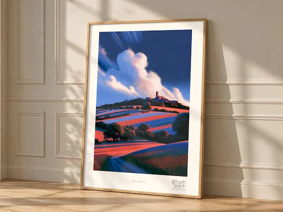 Hilltop Village Trail art print, framed, shown in a styled room