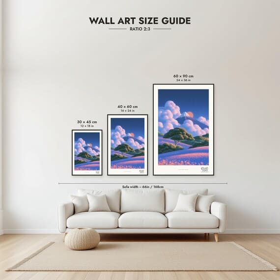Size guide: 30×45, 40×60 and 60×90 cm to scale above a sofa