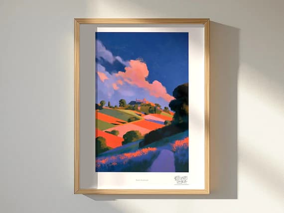 Rustic Roadscape framed art print, shown hanging in a styled room
