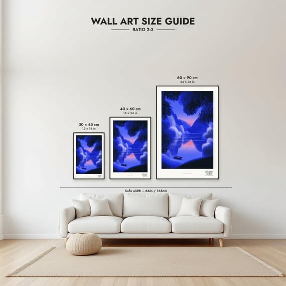 Size guide: 30×45, 40×60 and 60×90 cm to scale above a sofa