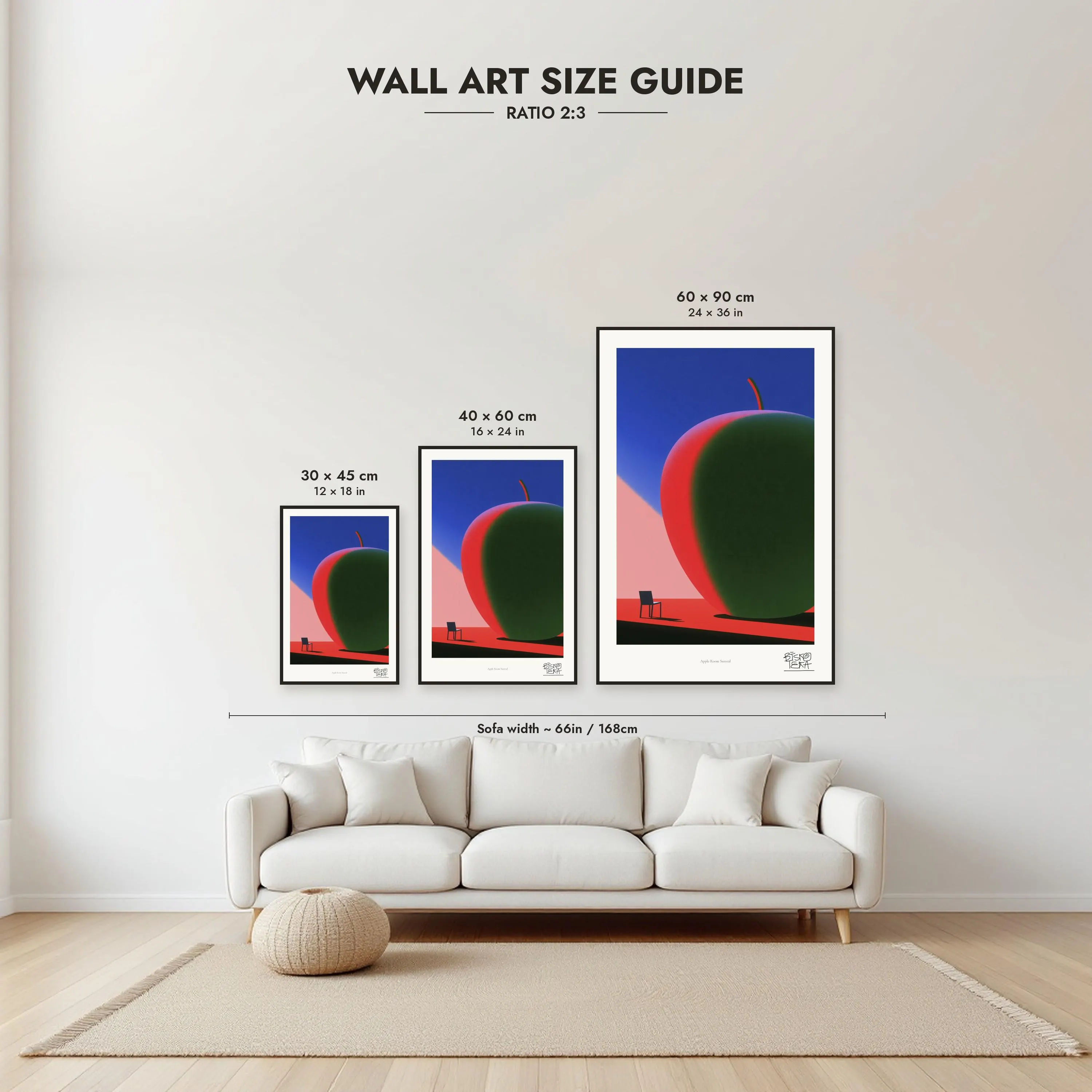 Size guide: 30×45, 40×60 and 60×90 cm to scale above a sofa