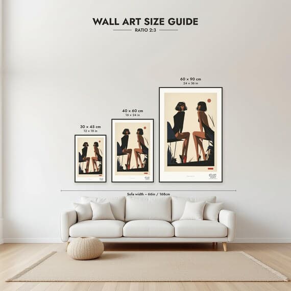 Size guide: 30×45, 40×60 and 60×90 cm to scale above a sofa