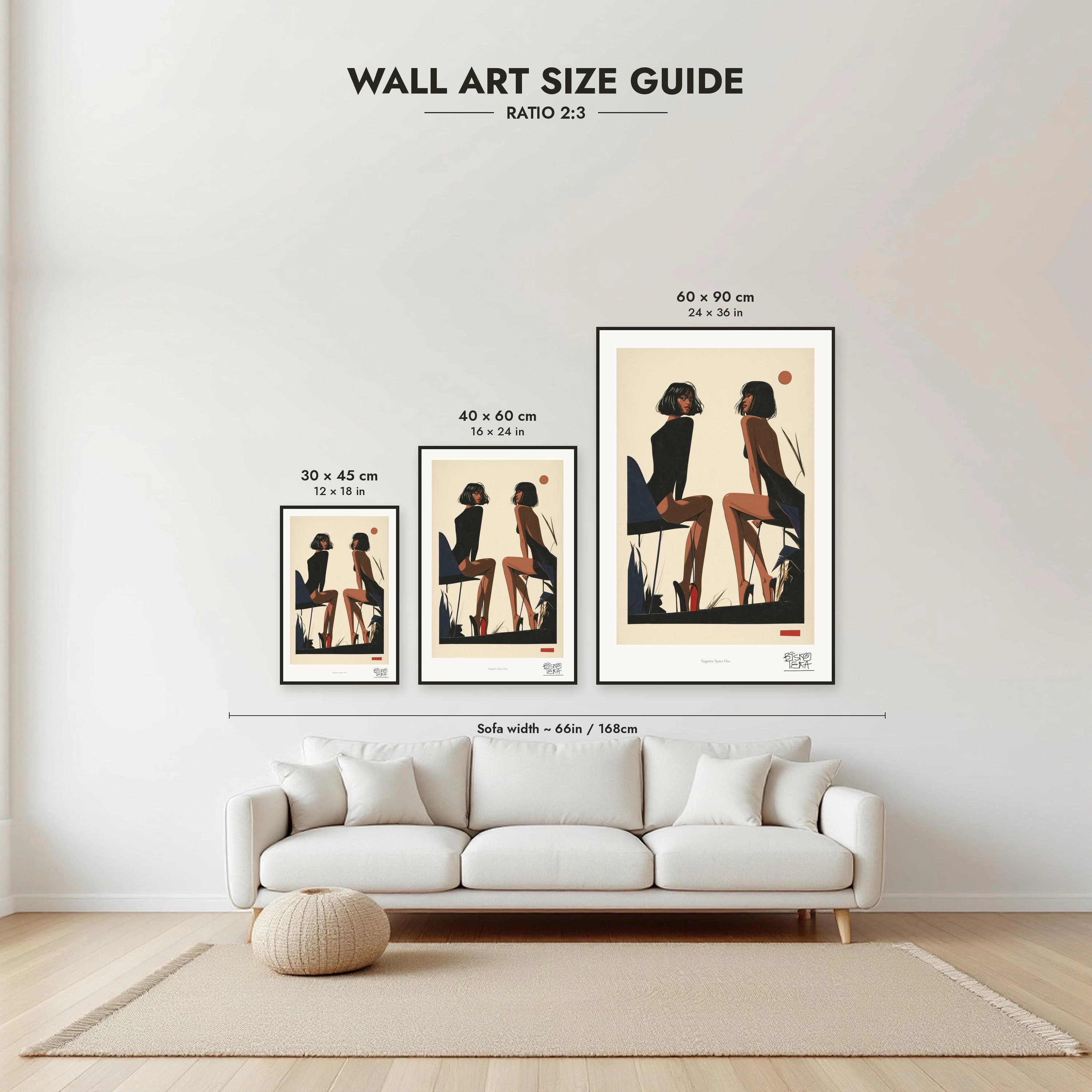 Size guide: 30×45, 40×60 and 60×90 cm to scale above a sofa