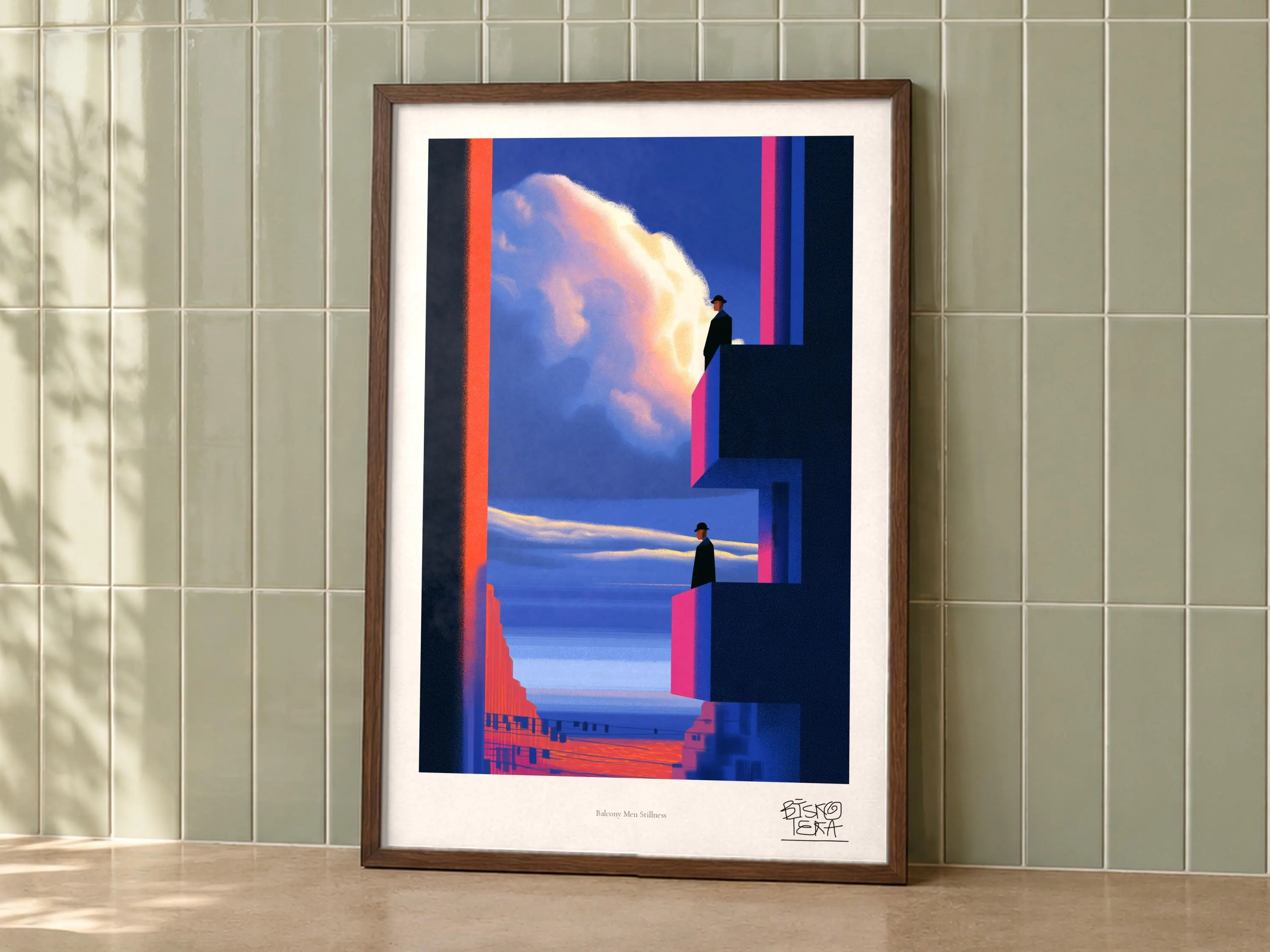 Balcony Men Stillness art print on a wall, room view