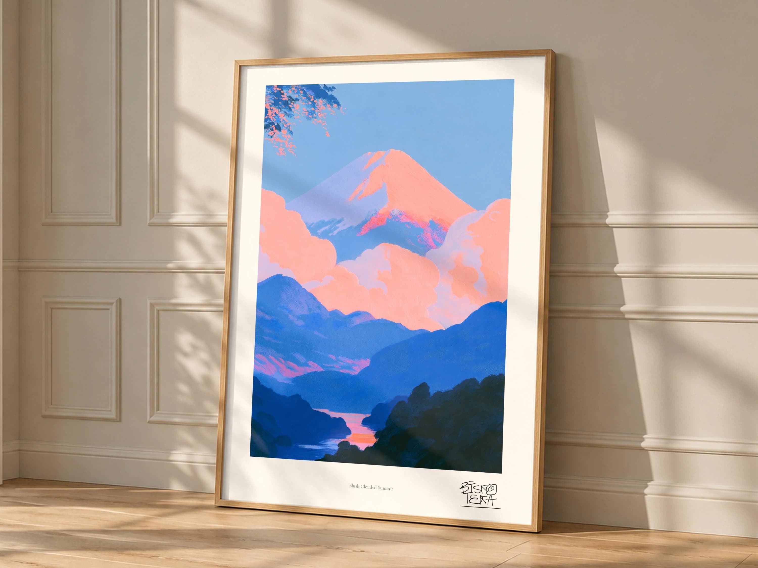 Blush Clouded Summit framed art print, shown hanging in a styled room