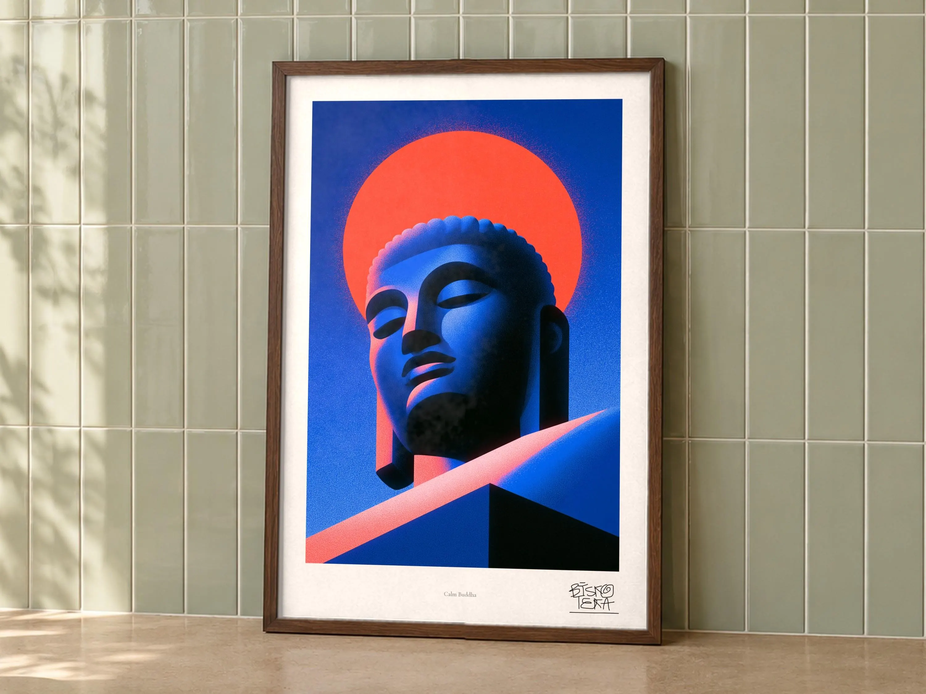 Calm Buddha art print on a wall, room view