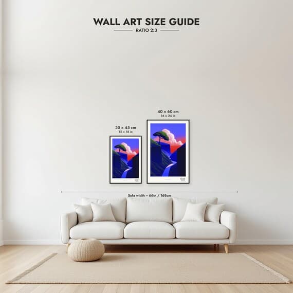 Framed size guide: 30x45 and 40x60 cm to scale above a sofa