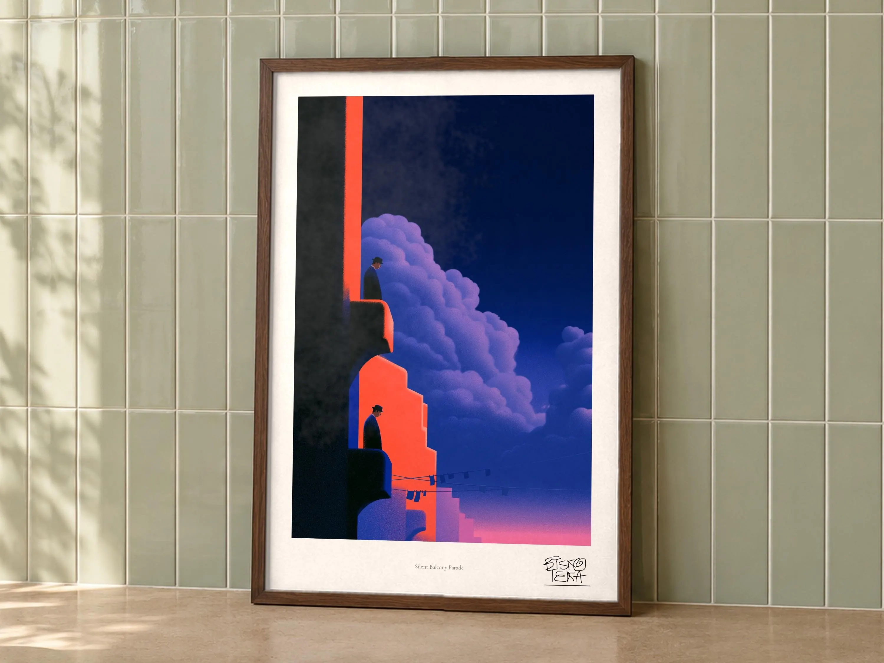 Silent Balcony Parade art print on a wall, room view