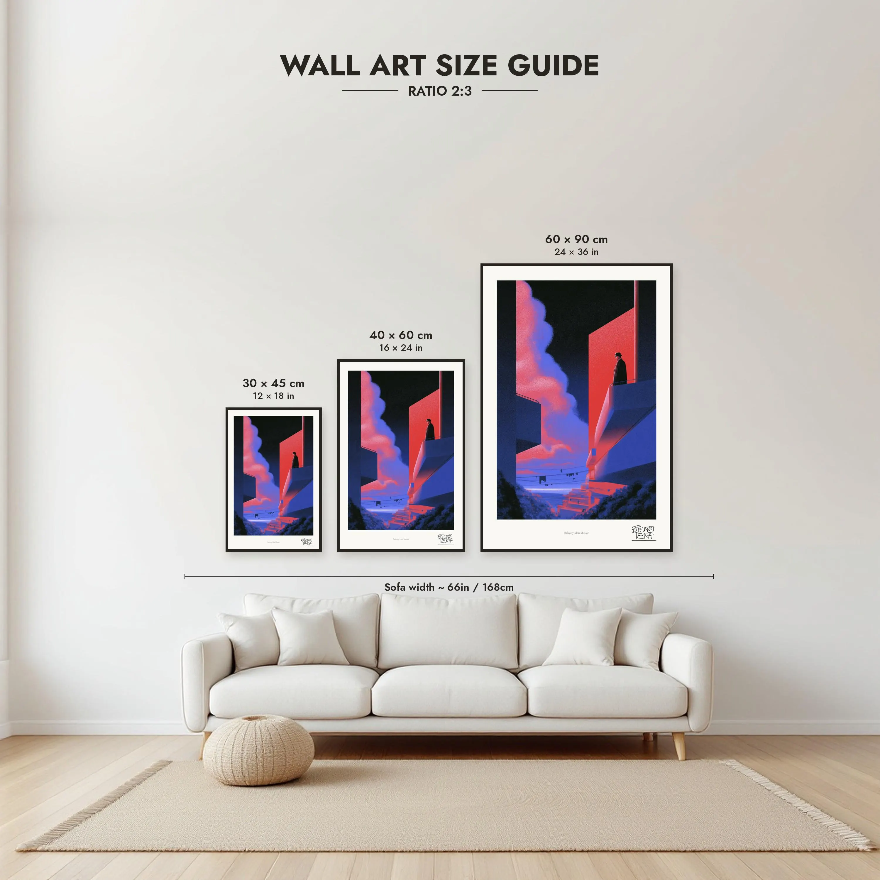 Size guide: 30×45, 40×60 and 60×90 cm to scale above a sofa