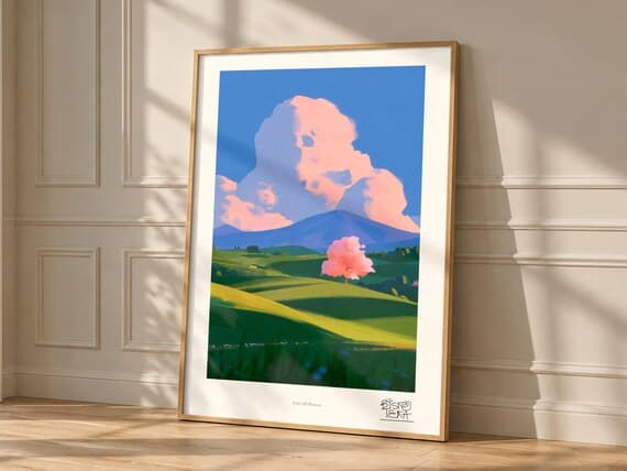 Pink Hill Blossom art print, framed, in a second room setting