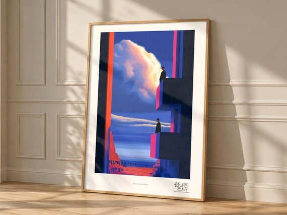 Balcony Men Stillness art print, framed, shown in a styled room