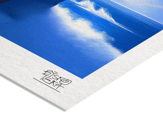 Close-up of the printed signature on the fine-art giclée paper of the Cliffside Sky Drama print