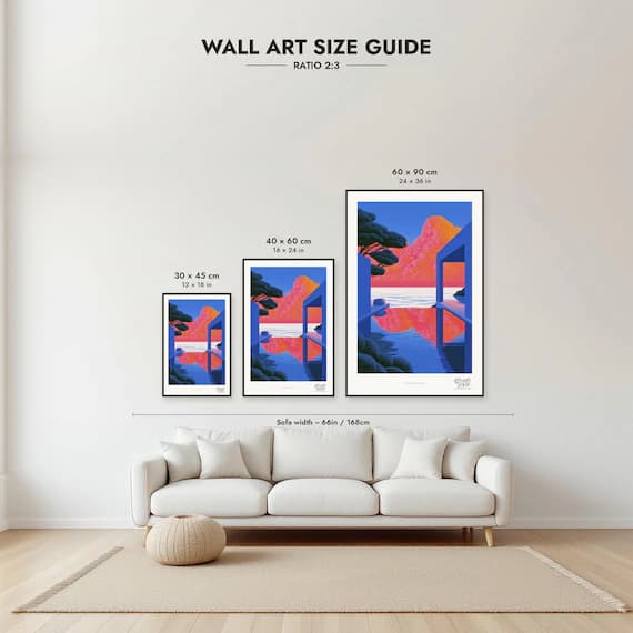 Size guide: 30×45, 40×60 and 60×90 cm to scale above a sofa