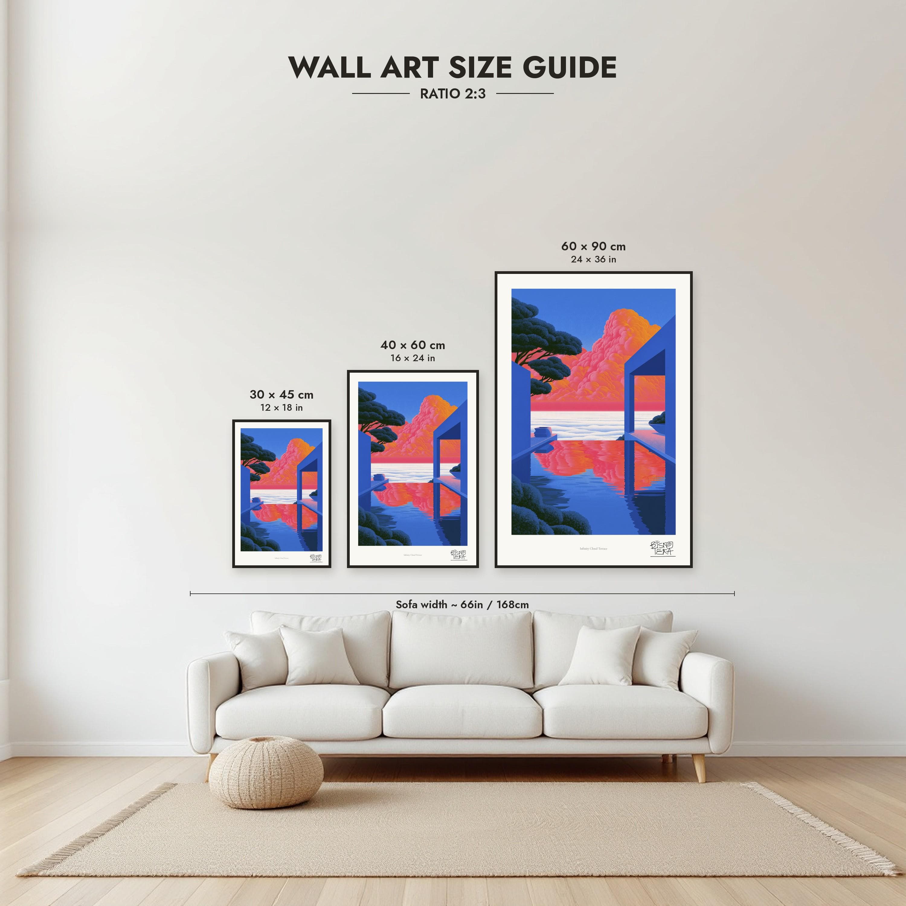 Size guide: 30×45, 40×60 and 60×90 cm to scale above a sofa
