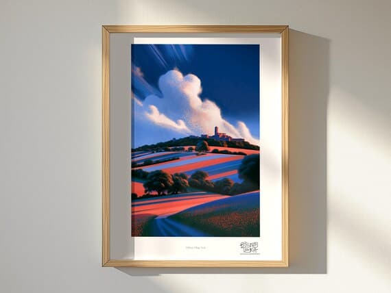 Hilltop Village Trail art print, framed, in a second room setting