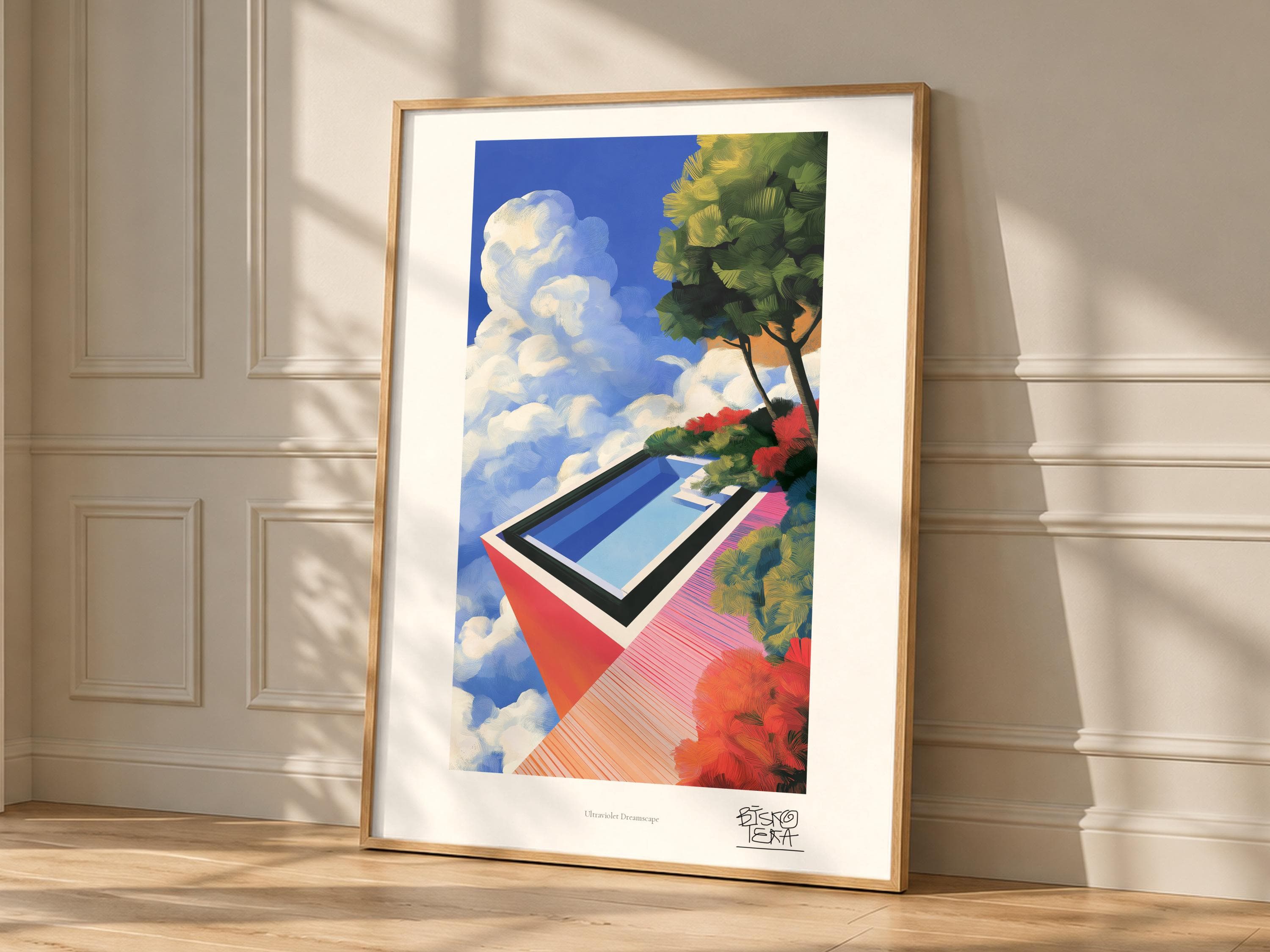 Ultraviolet Dreamscape art print, framed, shown in a styled room