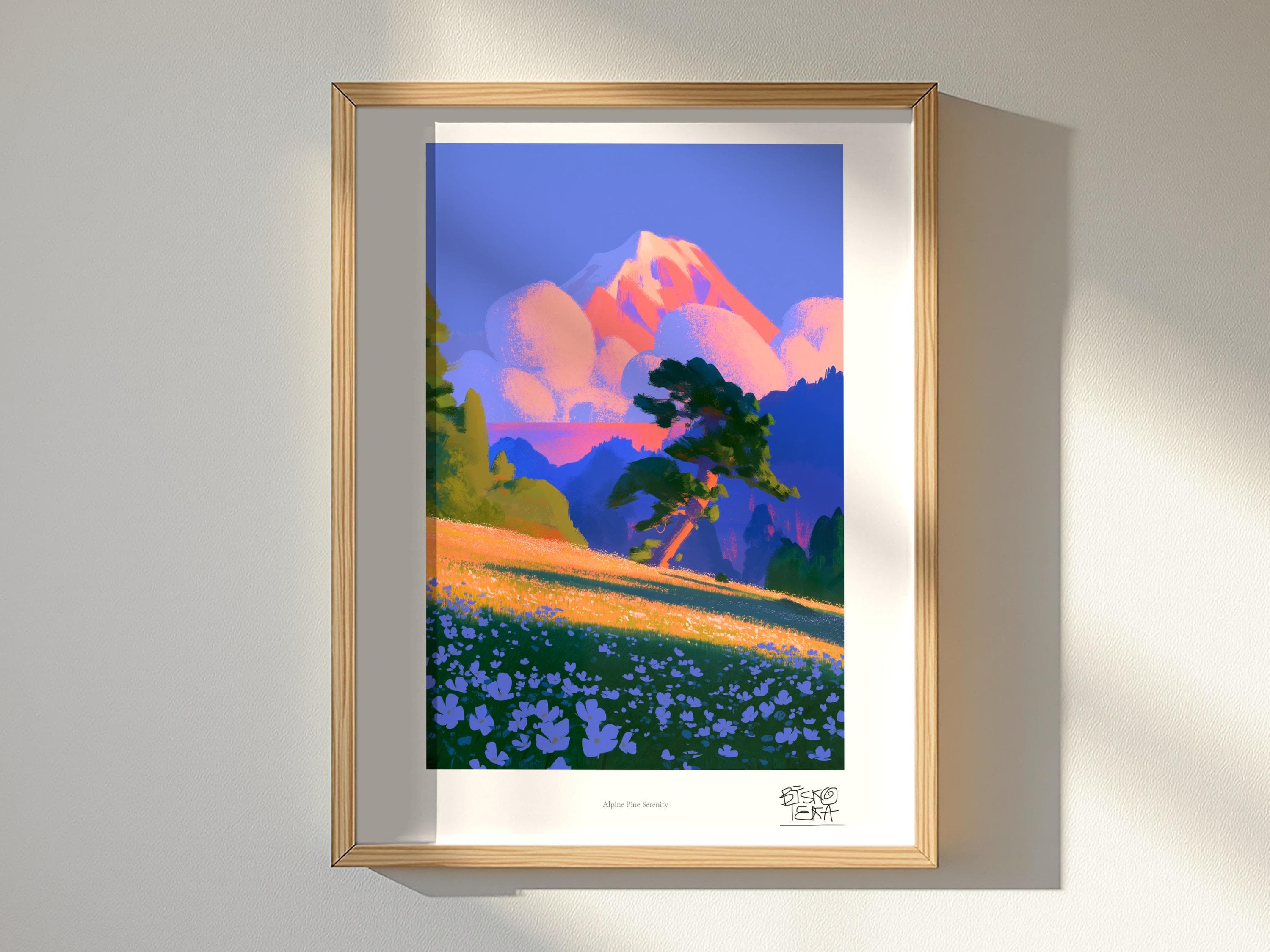Alpine Pine Serenity art print, framed, shown in a styled room