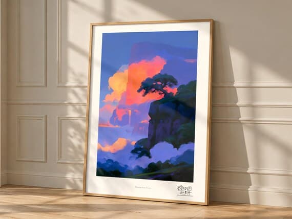 Floating Stone Forest art print, framed, shown in a styled room