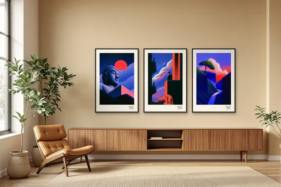 Midnight & Vermilion trio shown together in a sand-toned nook