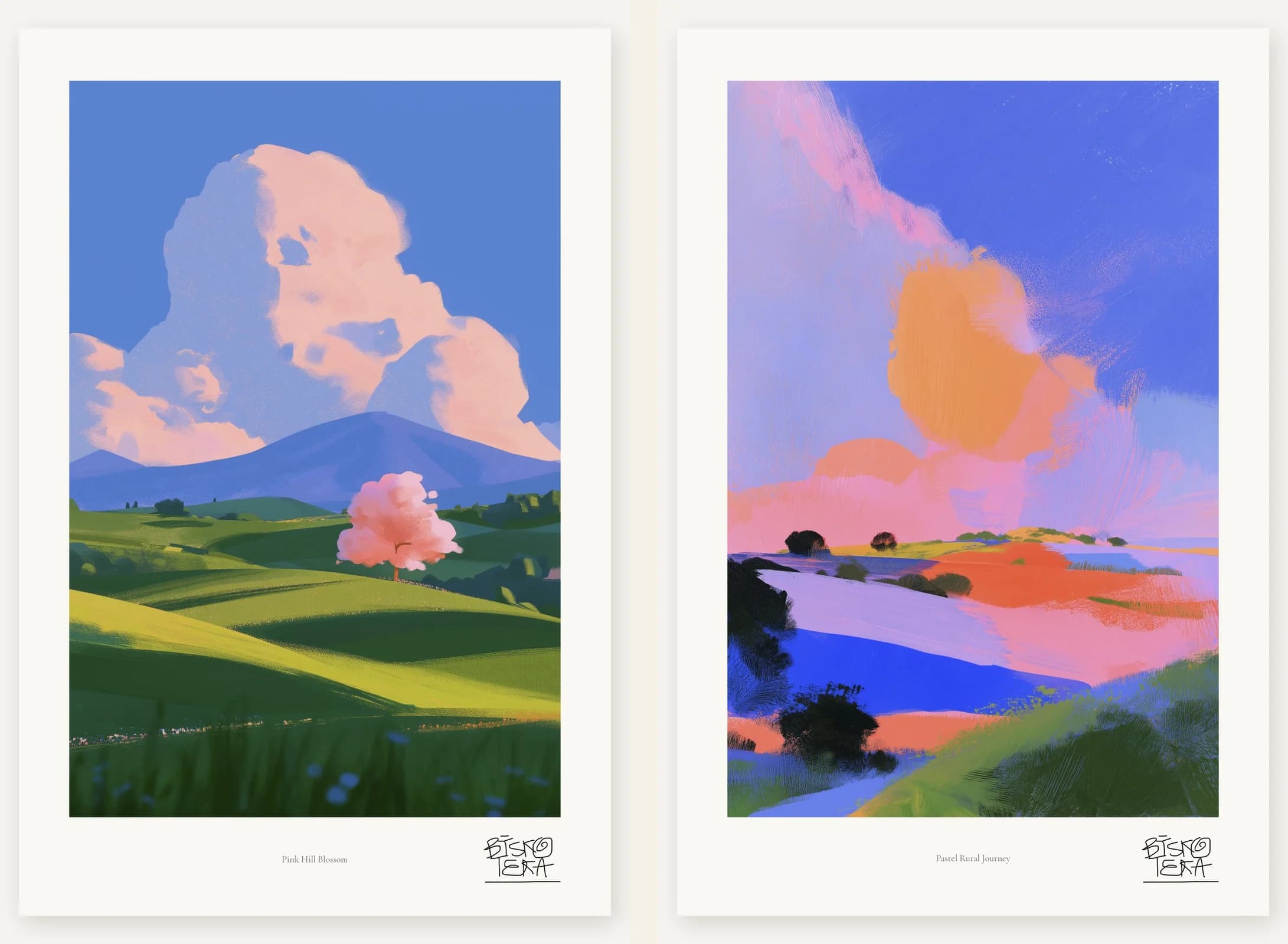 Pastel Hills Art Print Set of 2, Countryside Hills Pink Green Duo, Spring Decor