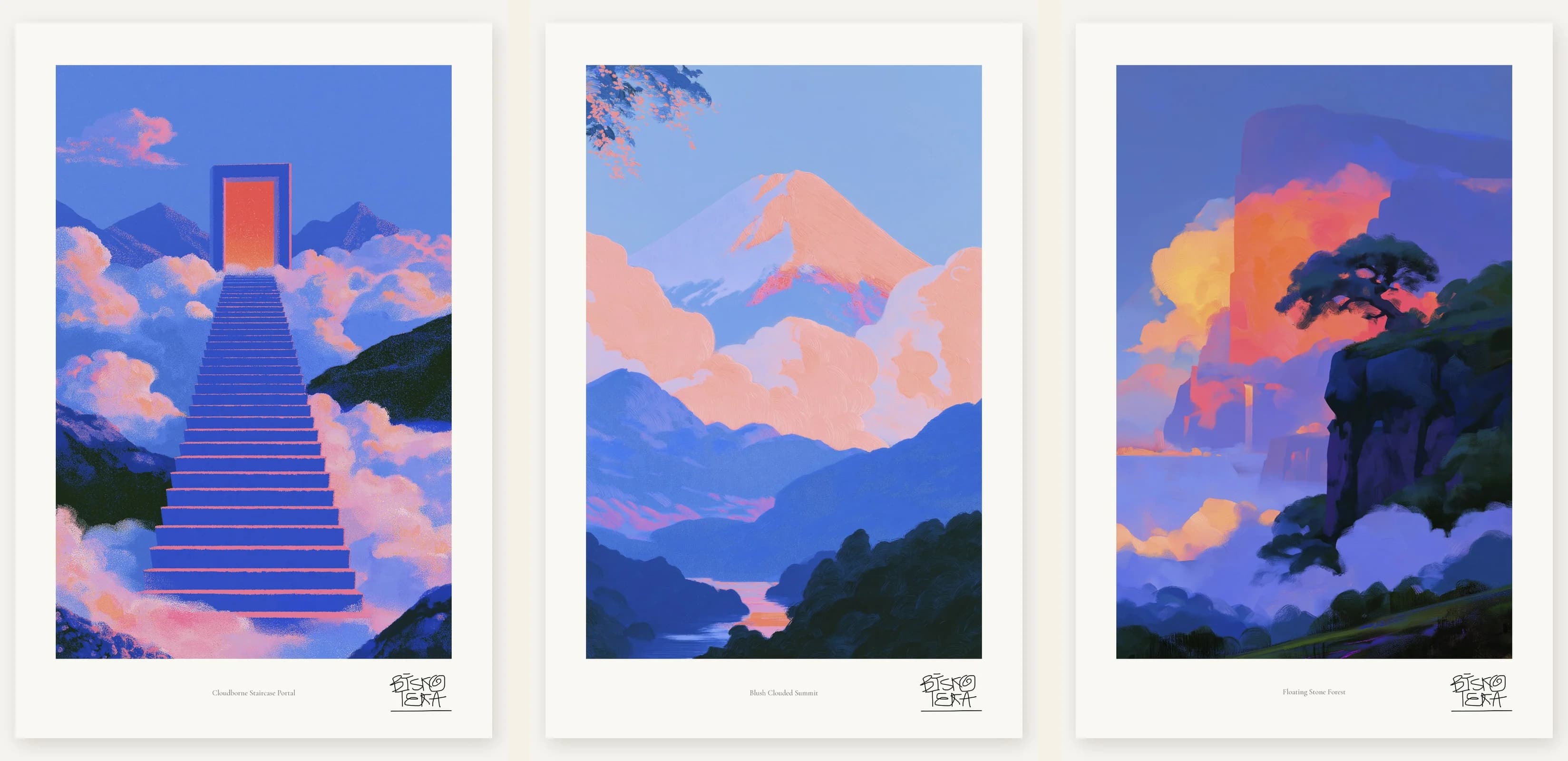 Pool Wall Art Print Set of 3, Above the Clouds Surreal Trio, Dreamlike Living Room