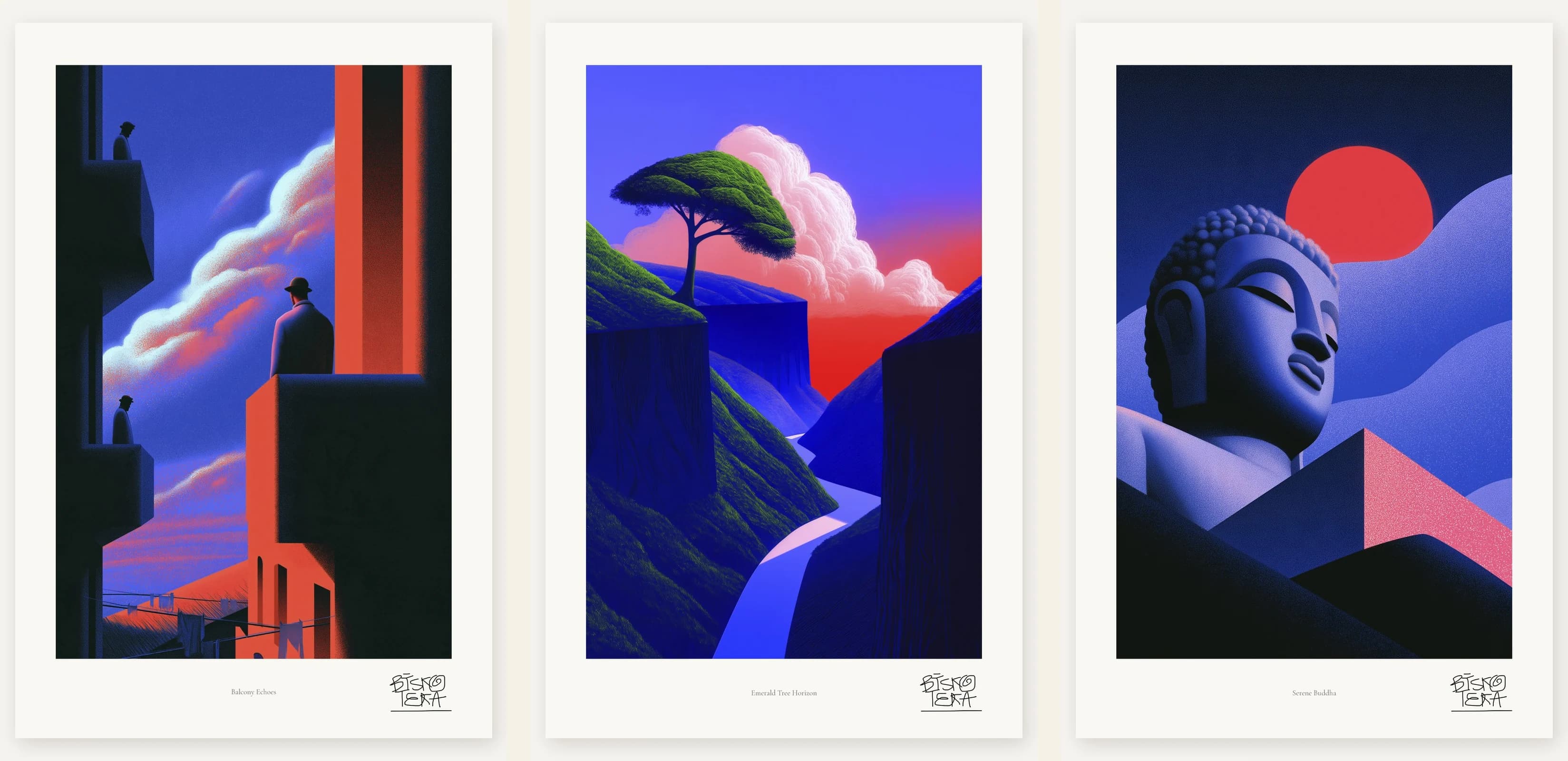 Surreal Night Sky Art Print Set of 3, Bowler Hat Midnight Trio, Vermilion Living Room Decor