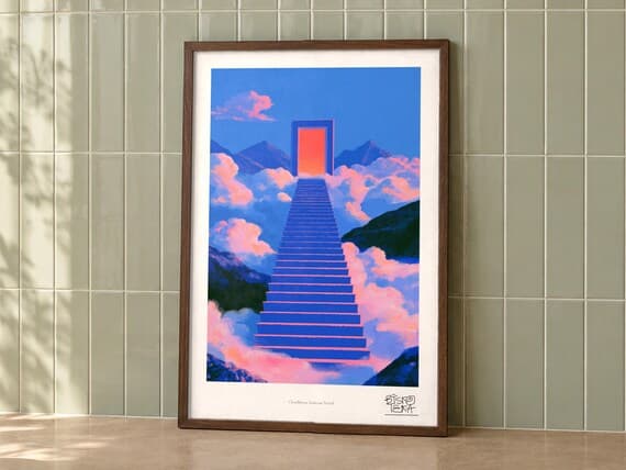 Cloudborne Staircase Portal art print on a wall, room view