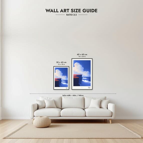 Framed size guide: 30x45 and 40x60 cm to scale above a sofa