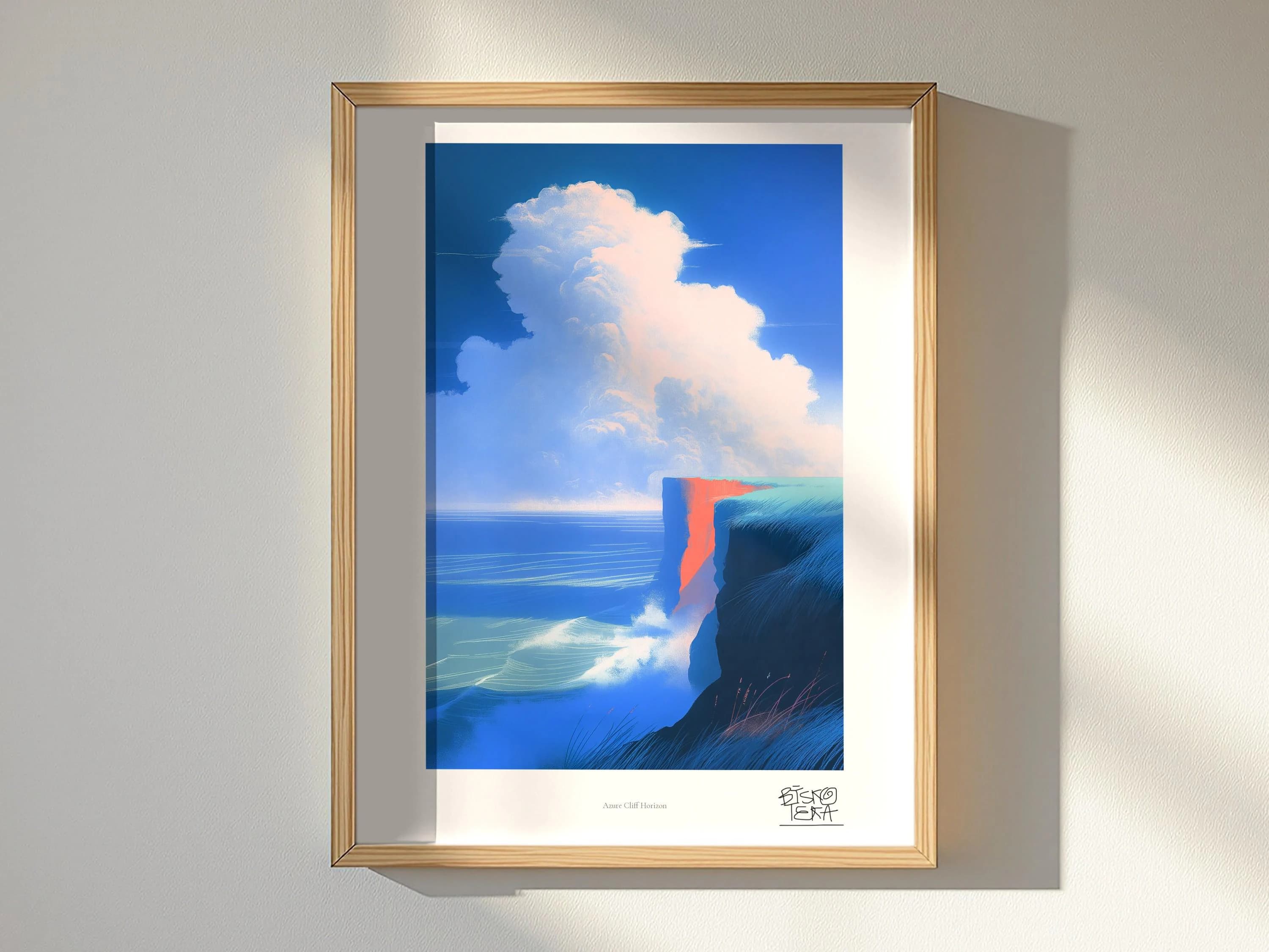 Azure Cliff Horizon framed art print, shown hanging in a styled room
