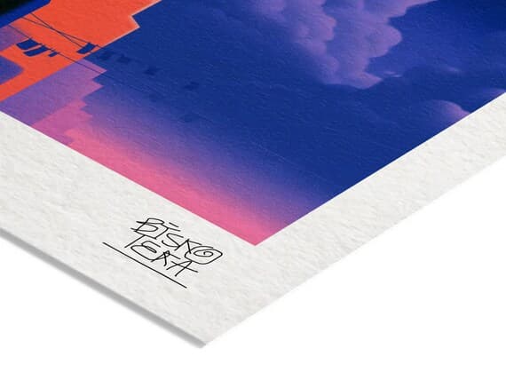 Close-up of the printed signature on the fine-art giclée paper of the Silent Balcony Parade print