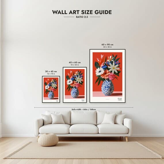 Size guide: 30×45, 40×60 and 60×90 cm to scale above a sofa