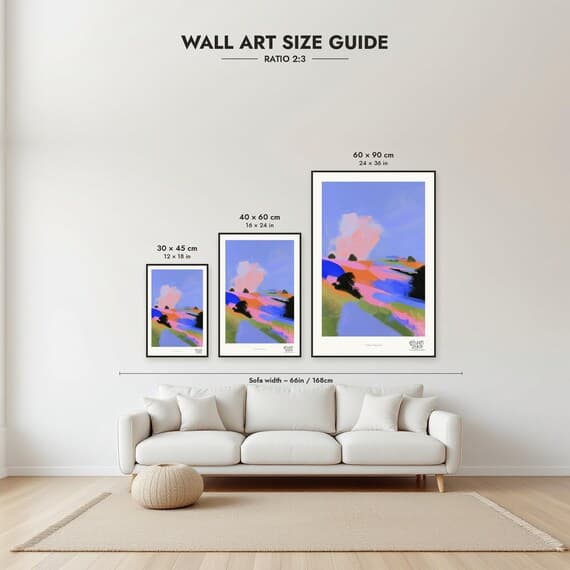 Size guide: 30×45, 40×60 and 60×90 cm to scale above a sofa