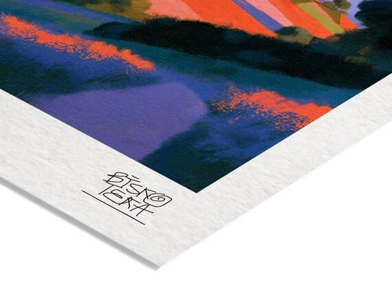 Close-up of the printed signature on the fine-art giclée paper of the Rustic Roadscape print